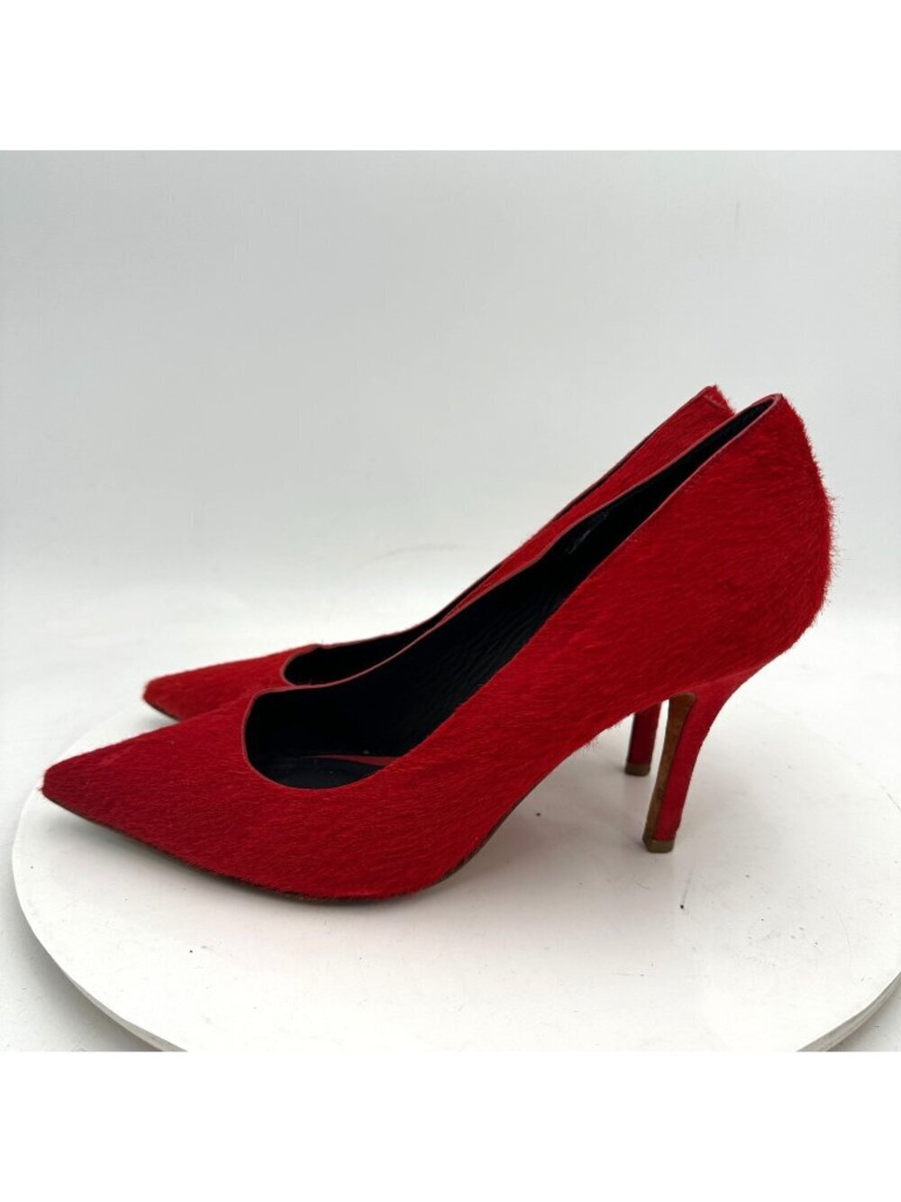 Celine Women Size EU 38 US 8 Red Leather Fur Pointed Toe Pump Heel Shoes